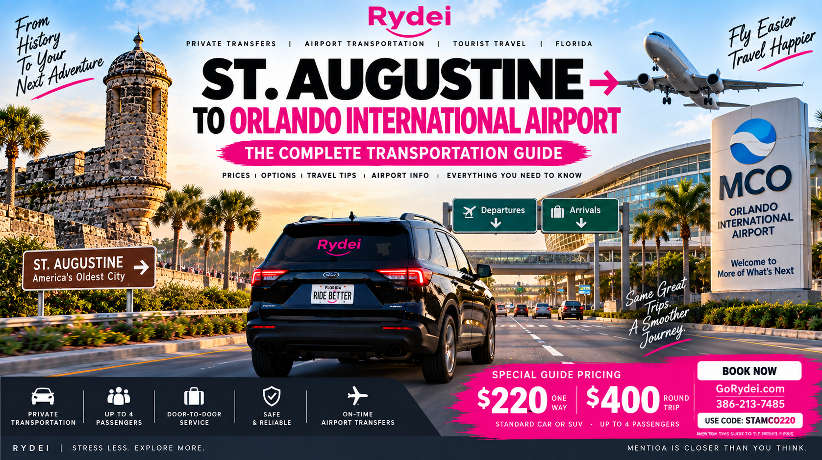 Rydei private transportation from St. Augustine to Orlando International Airport MCO with route planning, airport information, and guide pricing